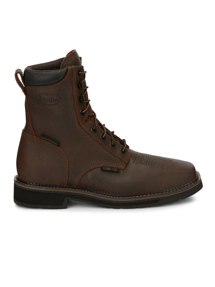 Justin SE462 Mens Driller Comp Toe Waterproof Lace Up Work Boots Brown side / front view pair. If you need any assistance with this item or the purchase of this item please call us at five six one seven four eight eight eight zero one Monday through Saturday 10:00a.m EST to 8:00 p.m EST