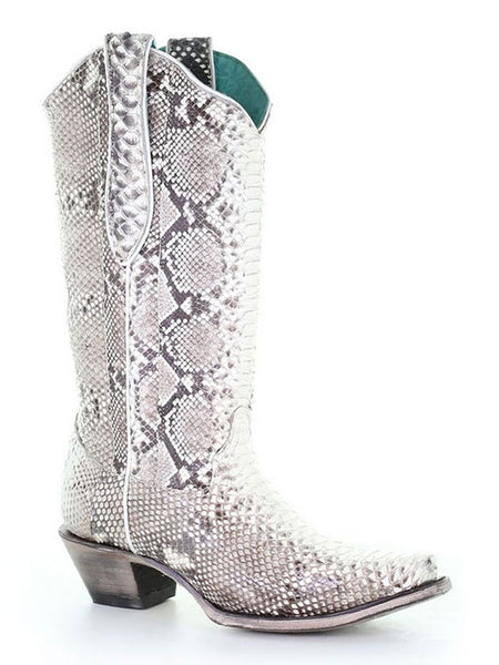 Corral A3798 Ladies Python Western Boot Natural outter side and front view. If you need any assistance with this item or the purchase of this item please call us at five six one seven four eight eight eight zero one Monday through Saturday 10:00a.m EST to 8:00 p.m EST
