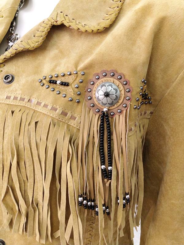 Scully  L152-126 Womens Fringe Suede Beaded Jacket Old Rust front view on model. If you need any assistance with this item or the purchase of this item please call us at five six one seven four eight eight eight zero one Monday through Saturday 10:00a.m EST to 8:00 p.m EST