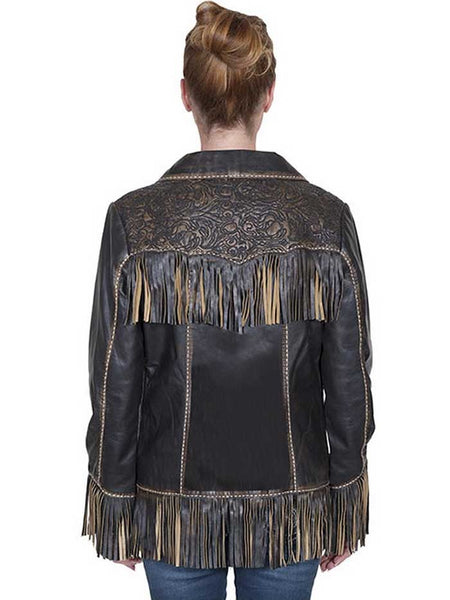 Scully L727-259 Fringe And Tooled Details Western Leather Jacket Brown back view. If you need any assistance with this item or the purchase of this item please call us at five six one seven four eight eight eight zero one Monday through Saturday 10:00a.m EST to 8:00 p.m EST