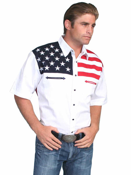 Scully P-756SS Mens Short Sleeve American Flag Shirt White front view. If you need any assistance with this item or the purchase of this item please call us at five six one seven four eight eight eight zero one Monday through Saturday 10:00a.m EST to 8:00 p.m EST