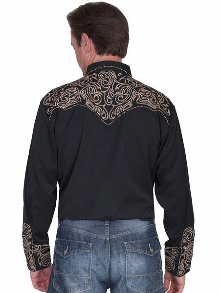 Scully P-852-BLK Mens Elegant Scrolls Embroidered Western Shirt Black back view. If you need any assistance with this item or the purchase of this item please call us at five six one seven four eight eight eight zero one Monday through Saturday 10:00a.m EST to 8:00 p.m EST