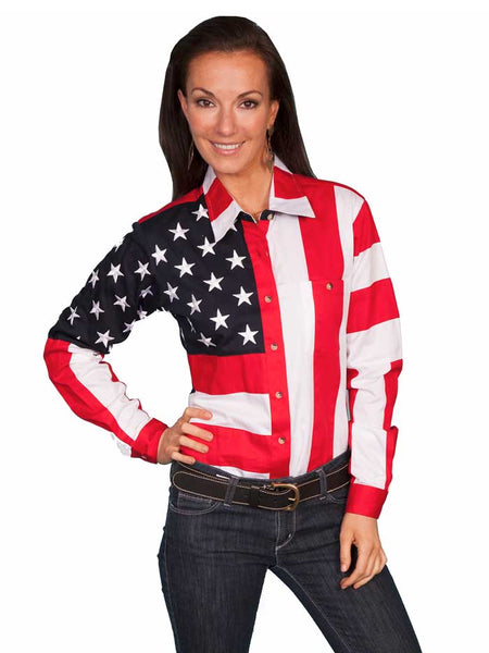 Scully RW029L Womens Long Sleeve Patriot Western Shirt Bold Stars And Stripes front view. If you need any assistance with this item or the purchase of this item please call us at five six one seven four eight eight eight zero one Monday through Saturday 10:00a.m EST to 8:00 p.m EST