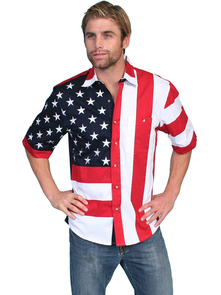 Scully RW029SS Mens Short Sleeve Patriot Western Shirt Bold Stars And Stripes front view. If you need any assistance with this item or the purchase of this item please call us at five six one seven four eight eight eight zero one Monday through Saturday 10:00a.m EST to 8:00 p.m EST