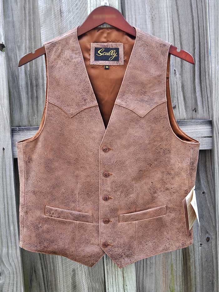Scully 503-60 Mens Lambskin Button Front Vest Brown front view on model. If you need any assistance with this item or the purchase of this item please call us at five six one seven four eight eight eight zero one Monday through Saturday 10:00a.m EST to 8:00 p.m EST