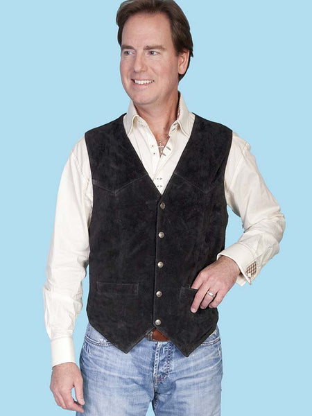 Scully 507-214 Mens Western Calf Suede Snap Front Vest Black front view on model. If you need any assistance with this item or the purchase of this item please call us at five six one seven four eight eight eight zero one Monday through Saturday 10:00a.m EST to 8:00 p.m EST