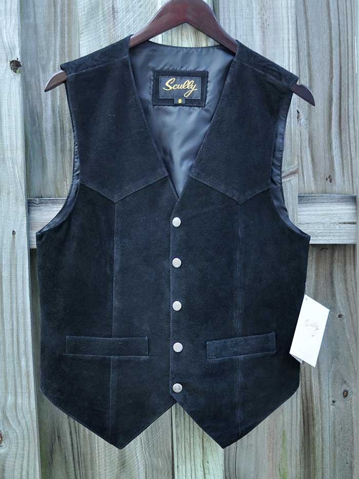 Scully 507-214 Mens Western Calf Suede Snap Front Vest Black front view on model. If you need any assistance with this item or the purchase of this item please call us at five six one seven four eight eight eight zero one Monday through Saturday 10:00a.m EST to 8:00 p.m EST