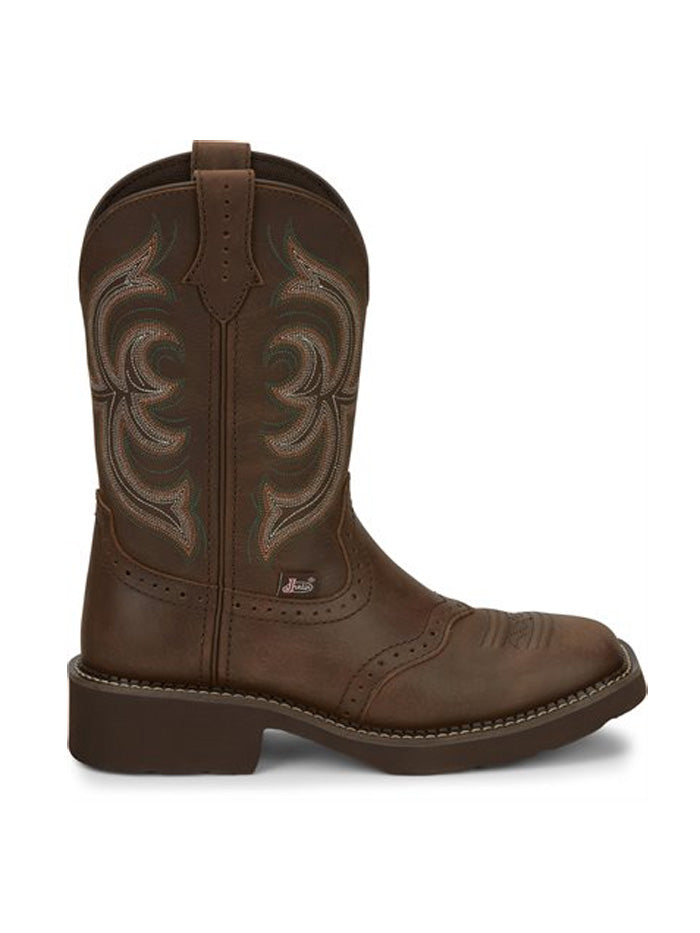 Justin GY9984 Womens Western Cowhide Inji Boot Brown front / side view pair. If you need any assistance with this item or the purchase of this item please call us at five six one seven four eight eight eight zero one Monday through Saturday 10:00a.m EST to 8:00 p.m EST