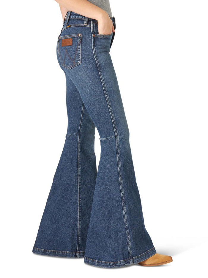 Wrangler 11MPFKP Womens Retro High Rise Green Trumpet Flare Jean Paige front view. If you need any assistance with this item or the purchase of this item please call us at five six one seven four eight eight eight zero one Monday through Saturday 10:00a.m EST to 8:00 p.m EST