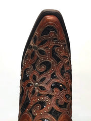 Corral A4083 Ladies Inlay Embroidery Stud Snip Toe Leather Boots Tan and Black toe view from above. If you need any assistance with this item or the purchase of this item please call us at five six one seven four eight eight eight zero one Monday through Saturday 10:00a.m EST to 8:00 p.m EST