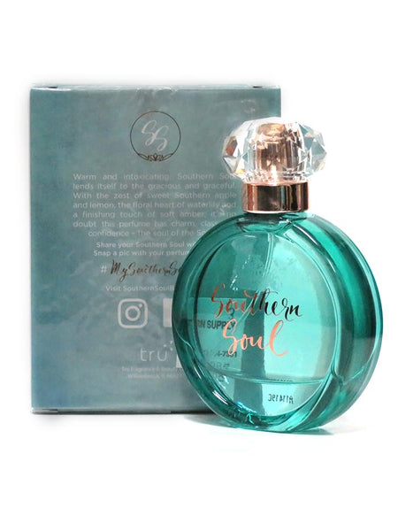 Tru Fragrance 92486 Womens Southern Soul Western Eau de Parfum back view of bottle and box.  If you need any assistance with this item or the purchase of this item please call us at five six one seven four eight eight eight zero one Monday through Satuday 10:00 a.m. EST to 8:00 p.m. EST