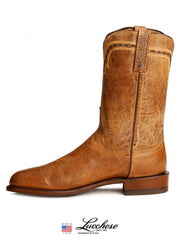 Lucchese T0121.C2 / T6178.C2 Mens 1883 Mad Dog Leather Roper Boots Tan side view. If you need any assistance with this item or the purchase of this item please call us at five six one seven four eight eight eight zero one Monday through Saturday 10:00a.m EST to 8:00 p.m EST