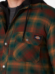 Dickies TJ211F2P Mens Fleece Hooded Flannel Shirt Jacket Hydroshield Forest Brown close up. If you need any assistance with this item or the purchase of this item please call us at five six one seven four eight eight eight zero one Monday through Saturday 10:00a.m EST to 8:00 p.m EST