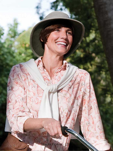 Tilley LTM5-KHOL Airflo Hat Khaki on female model. If you need any assistance with this item or the purchase of this item please call us at five six one seven four eight eight eight zero one Monday through Saturday 10:00a.m EST to 8:00 p.m EST