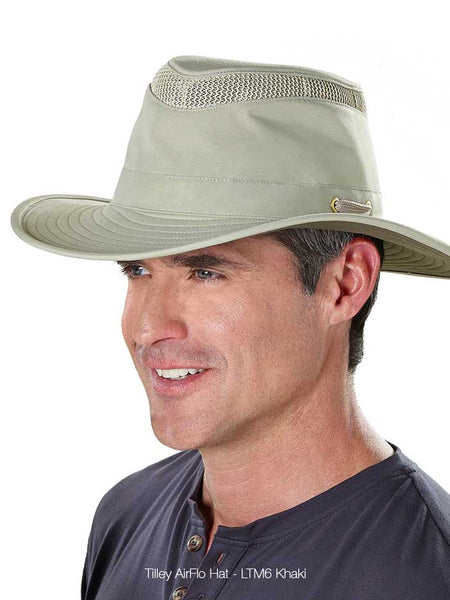 Tilley LTM6-KHOL Airflo Hat Khaki front and side view on male model. If you need any assistance with this item or the purchase of this item please call us at five six one seven four eight eight eight zero one Monday through Saturday 10:00a.m EST to 8:00 p.m EST