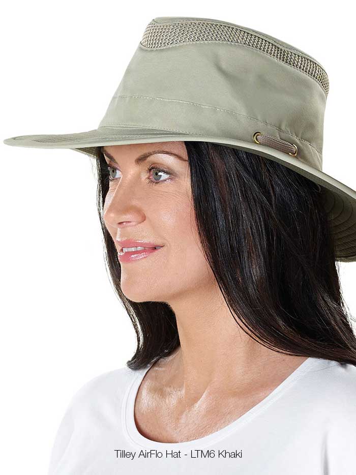 Tilley LTM6-KHOL Airflo Hat Khaki front and side view on male model. If you need any assistance with this item or the purchase of this item please call us at five six one seven four eight eight eight zero one Monday through Saturday 10:00a.m EST to 8:00 p.m EST