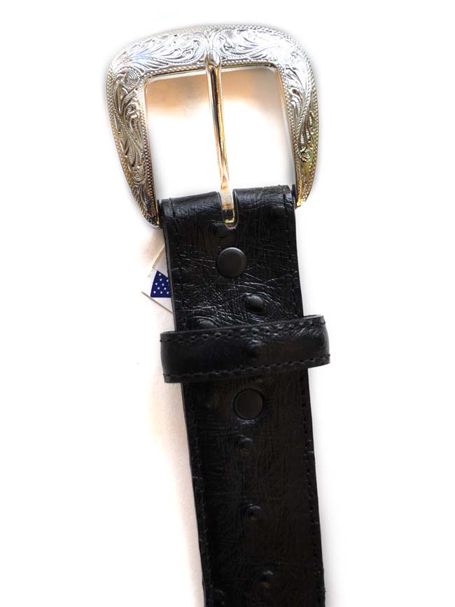 Tony Lama 1373L Ostrich Print Dress Belt Black front view  If you need any assistance with this item or the purchase of this item please call us at five six one seven four eight eight eight zero one Monday through Satuday 10:00 a.m. EST to 8:00 p.m. EST
