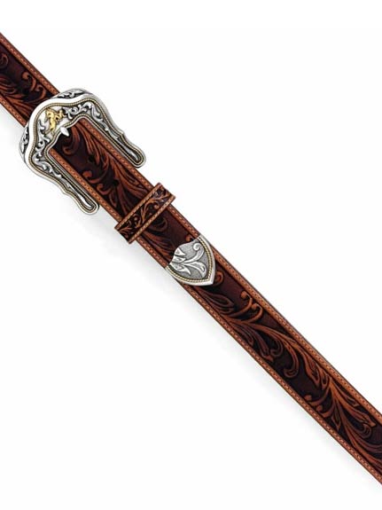 Tony Lama C41514 Mens Westerly Ride Leather Tooled Belt  front view. If you need any assistance with this item or the purchase of this item please call us at five six one seven four eight eight eight zero one Monday through Saturday 10:00a.m EST to 8:00 p.m EST