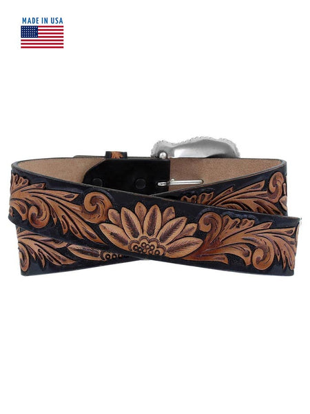 Tony Lama C51263 Womens Daisy Delheart Floral Tooled Belt Black and Tan back view. If you need any assistance with this item or the purchase of this item please call us at five six one seven four eight eight eight zero one Monday through Saturday 10:00a.m EST to 8:00 p.m EST