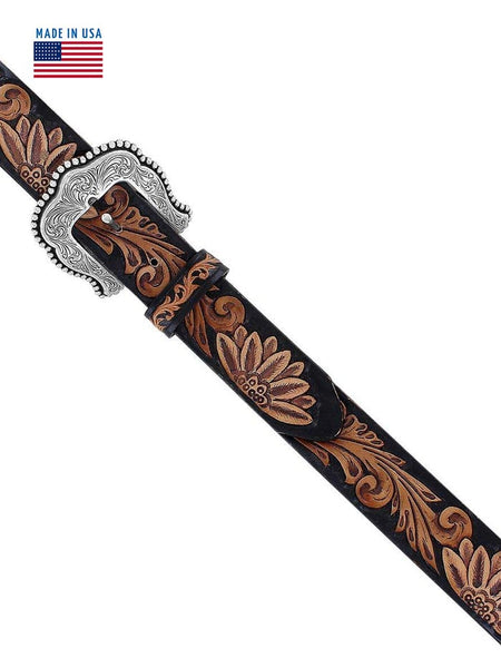 Tony Lama C51263 Womens Daisy Delheart Floral Tooled Belt Black and Tan view from above. If you need any assistance with this item or the purchase of this item please call us at five six one seven four eight eight eight zero one Monday through Saturday 10:00a.m EST to 8:00 p.m EST