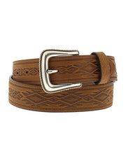 Tony Lama 1369L Navajo Blanket Tooled Belt USA Brown front view. If you need any assistance with this item or the purchase of this item please call us at five six one seven four eight eight eight zero one Monday through Saturday 10:00a.m EST to 8:00 p.m EST