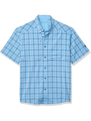 Under Armour 1353334-475 Mens Tide Chaser 2.0 Short Sleeve Plaid Shirt Blue Graphite front view. If you need any assistance with this item or the purchase of this item please call us at five six one seven four eight eight eight zero one Monday through Saturday 10:00a.m EST to 8:00 p.m EST