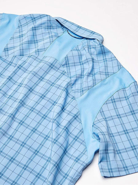 Under Armour 1353334-475 Mens Tide Chaser 2.0 Short Sleeve Plaid Shirt Blue Graphite back close up. If you need any assistance with this item or the purchase of this item please call us at five six one seven four eight eight eight zero one Monday through Saturday 10:00a.m EST to 8:00 p.m EST