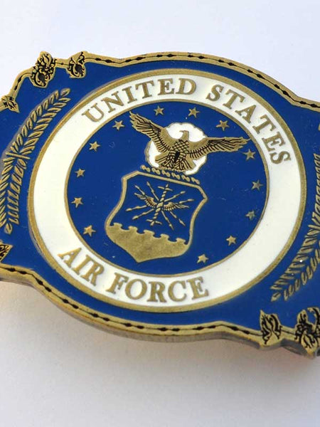 Eagle Emblems B0115 United States Air Force Pewter Belt Buckle front close up view. If you need any assistance with this item or the purchase of this item please call us at five six one seven four eight eight eight zero one Monday through Saturday 10:00a.m EST to 8:00 p.m EST