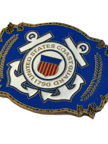 Eagle Emblems B0124 United States Coast Guard 1970 Authentic Belt Buckle front close up view. If you need any assistance with this item or the purchase of this item please call us at five six one seven four eight eight eight zero one Monday through Saturday 10:00a.m EST to 8:00 p.m EST