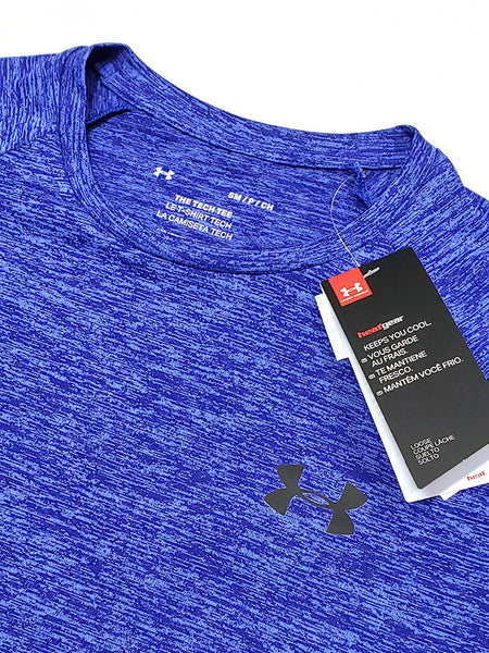 Under Armour 1326413-403 Mens Tech 2.0 Short Sleeve T-Shirt Blue Heather Front Close up. If you need any assistance with this item or the purchase of this item please call us at five six one seven four eight eight eight zero one Monday through Saturday 10:00a.m EST to 8:00 p.m EST