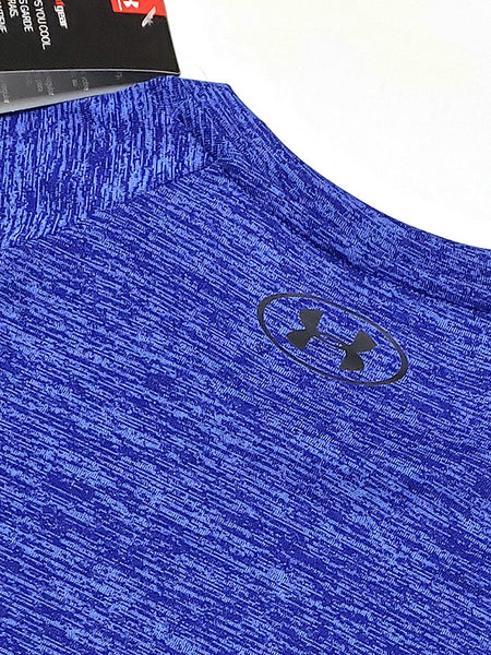 Under Armour 1326413-403 Mens Tech 2.0 Short Sleeve T-Shirt Blue Heather Close up Back. If you need any assistance with this item or the purchase of this item please call us at five six one seven four eight eight eight zero one Monday through Saturday 10:00a.m EST to 8:00 p.m EST