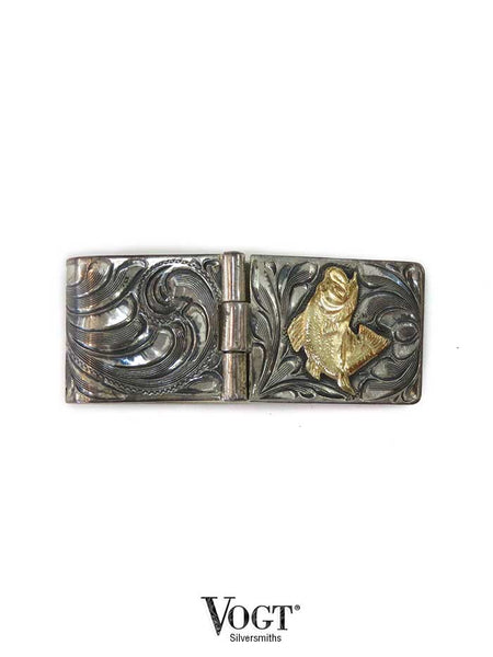 VOGT 121-033 Hand Engraved Sterling Gold Bass Hinged Money Clip top view. If you need any assistance with this item or the purchase of this item please call us at five six one seven four eight eight eight zero one Monday through Saturday 10:00a.m EST to 8:00 p.m EST