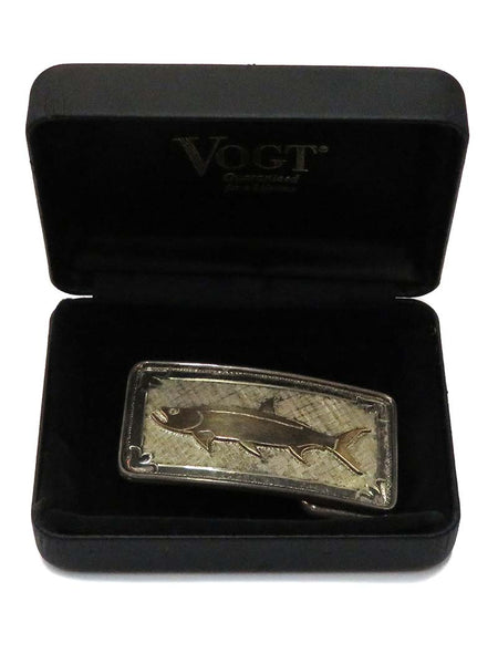 VOGT 180-001 Hand-Engraved Sterling Gold Bass Rectangle Belt Buckle front view in box. If you need any assistance with this item or the purchase of this item please call us at five six one seven four eight eight eight zero one Monday through Saturday 10:00a.m EST to 8:00 p.m EST