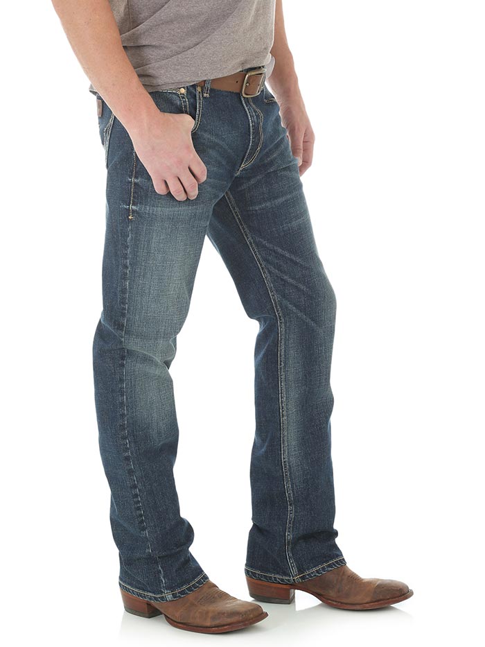 Wrangler WLT77LY Mens Retro Layton Slim Fit Bootcut Jeans Medium Wash front view. If you need any assistance with this item or the purchase of this item please call us at five six one seven four eight eight eight zero one Monday through Saturday 10:00a.m EST to 8:00 p.m EST