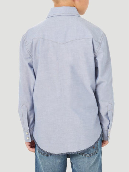 Wrangler BW7013B Boy's Cowboy Cut Western Snap Shirt Blue Chambray back view. If you need any assistance with this item or the purchase of this item please call us at five six one seven four eight eight eight zero one Monday through Saturday 10:00a.m EST to 8:00 p.m EST