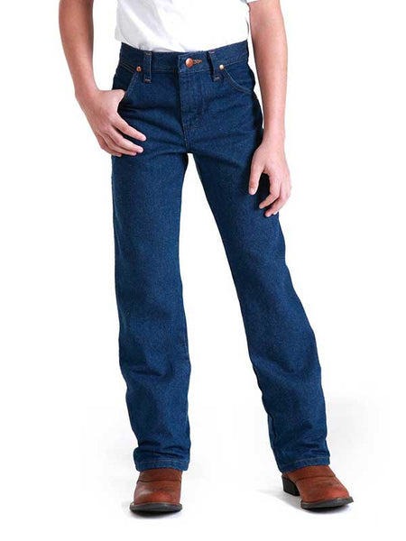 Wrangler 13MWZBP 13MWZJP Kids ProRodeo Cowboy Cut Original Fit Jean Indigo front view. If you need any assistance with this item or the purchase of this item please call us at five six one seven four eight eight eight zero one Monday through Saturday 10:00a.m EST to 8:00 p.m EST