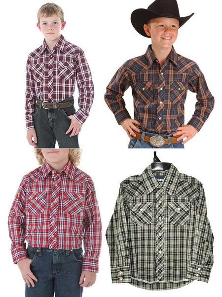 Kids Wrangler Assorted Long Sleeve Plaid Western Snap Shirt 201WAAL display of different colors front view. If you need any assistance with this item or the purchase of this item please call us at five six one seven four eight eight eight zero one Monday through Saturday 10:00a.m EST to 8:00 p.m EST
