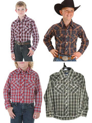 Kids Wrangler Assorted Long Sleeve Plaid Western Snap Shirt 201WAAL display of different colors front view. If you need any assistance with this item or the purchase of this item please call us at five six one seven four eight eight eight zero one Monday through Saturday 10:00a.m EST to 8:00 p.m EST