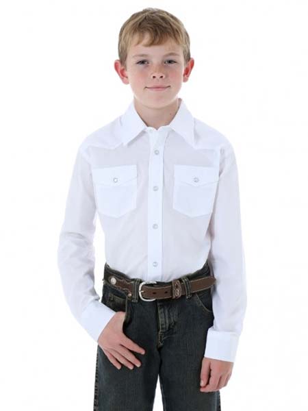 Wrangler 204WHSL Kids Long Sleeve Western Snap Shirt White front view. If you need any assistance with this item or the purchase of this item please call us at five six one seven four eight eight eight zero one Monday through Saturday 10:00a.m EST to 8:00 p.m EST
