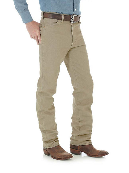 Wrangler 0936TAN Mens Cowboy Cut Slim Fit Jeans Prewashed Tan  side view. If you need any assistance with this item or the purchase of this item please call us at five six one seven four eight eight eight zero one Monday through Saturday 10:00a.m EST to 8:00 p.m EST