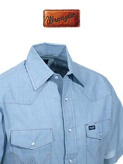 Wrangler 70131MW Mens Western Short Sleeve Chambray Work Shirt Light Blue front view. If you need any assistance with this item or the purchase of this item please call us at five six one seven four eight eight eight zero one Monday through Saturday 10:00a.m EST to 8:00 p.m EST
