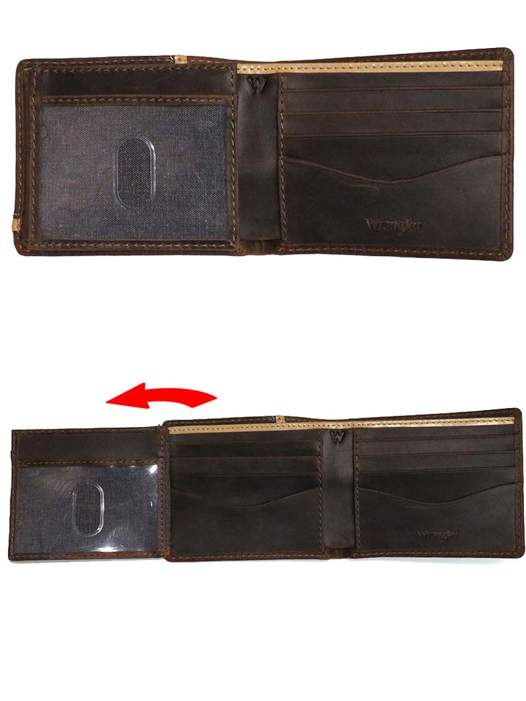Wrangler 49012 Corner Trim Traveler Bi-Fold Leather Wallet Cognac Brown front view. If you need any assistance with this item or the purchase of this item please call us at five six one seven four eight eight eight zero one Monday through Saturday 10:00a.m EST to 8:00 p.m EST