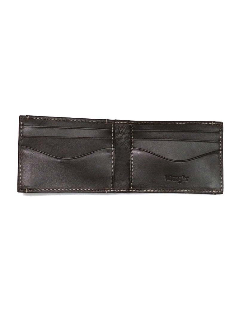 Wrangler 49010 Basket Weave Bi-Fold Front Pocket Wallet Dark Brown in box. 