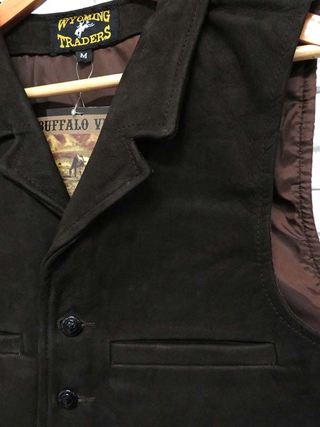 Wyoming Traders Mens Buffalo Leather Vests Chocolate front close up. If you need any assistance with this item or the purchase of this item please call us at five six one seven four eight eight eight zero one Monday through Saturday 10:00a.m EST to 8:00 p.m EST