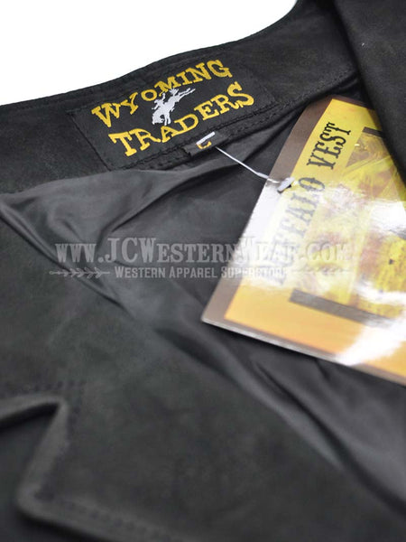 Wyoming Traders Mens Buffalo Leather Vest Black close up of tag. If you need any assistance with this item or the purchase of this item please call us at five six one seven four eight eight eight zero one Monday through Saturday 10:00a.m EST to 8:00 p.m EST