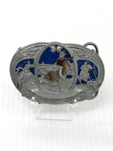 Spec Cast Y45 Champion Rodeo Solid Pewter Belt Buckle  front view. If you need any assistance with this item or the purchase of this item please call us at five six one seven four eight eight eight zero one Monday through Saturday 10:00a.m EST to 8:00 p.m EST