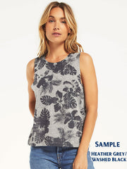 Z Supply ZT202339S-DFB Womens Kaia Tropical Print Crew-Neck Tank Top in Grey color for Sample with a model. If you need any assistance with this item or the purchase of this item please call us at five six one seven four eight eight eight zero one Monday through Saturday 10:00a.m EST to 8:00 p.m EST