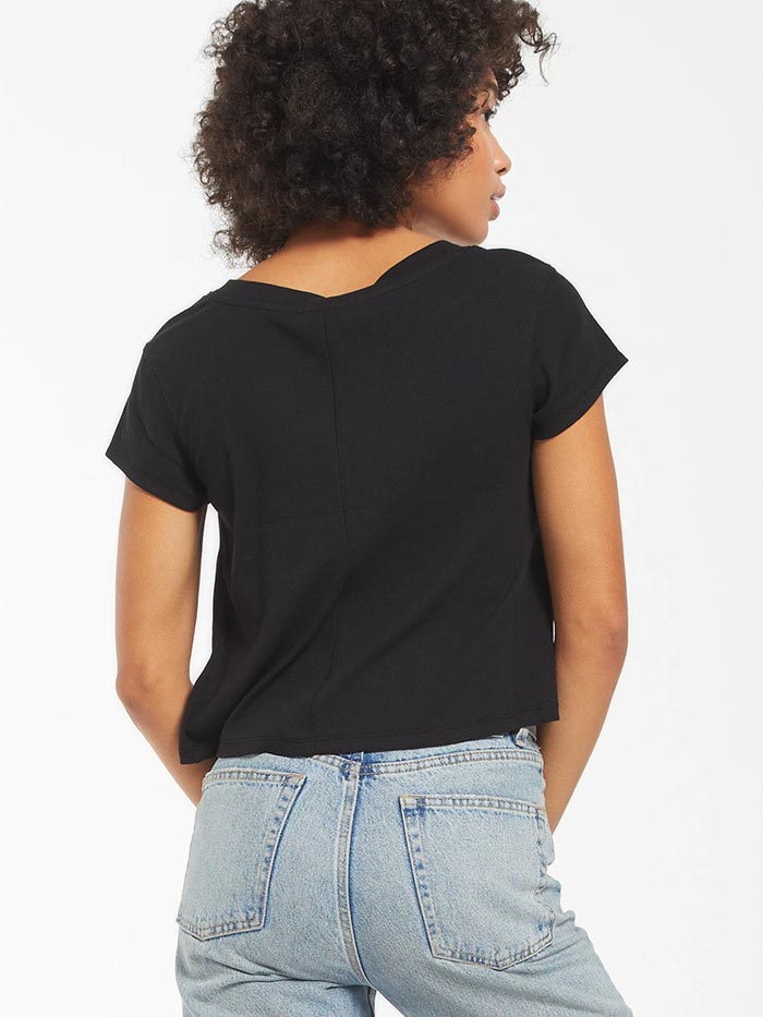 Z Supply ZT211246-BLK Womens Ava Rib Relaxed Fit V-Neck Tee Black front view. If you need any assistance with this item or the purchase of this item please call us at five six one seven four eight eight eight zero one Monday through Saturday 10:00a.m EST to 8:00 p.m EST