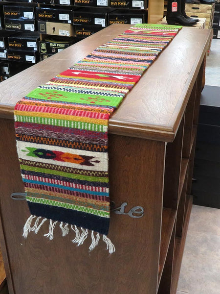 Southwestern Zapotec Multi-Colored Wool Table Runner 10x72 On the table