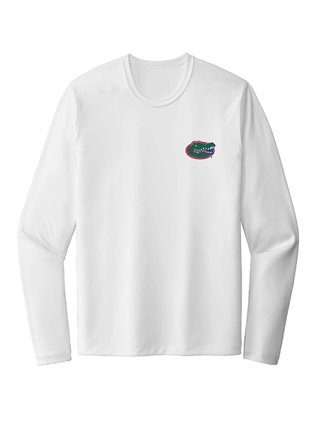 FloGrown UFP-106 Mens Florida Gators Flag Beach Long Sleeve Shirt White front view. If you need any assistance with this item or the purchase of this item please call us at five six one seven four eight eight eight zero one Monday through Saturday 10:00a.m EST to 8:00 p.m EST